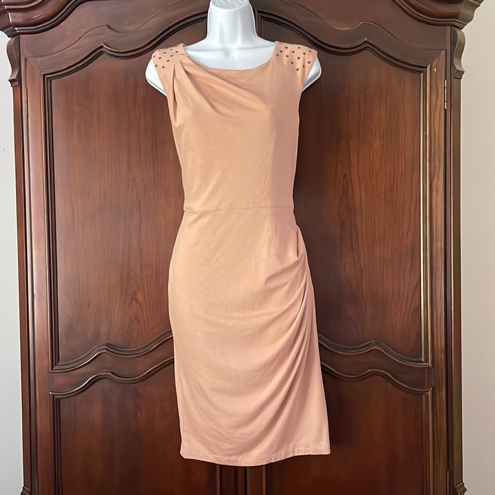 Eva Franco Peach Midi Sheath Dress with Studded Cap Sleeves